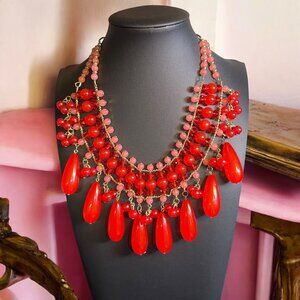 Bold Red & Pink Beaded Statement Necklace‎ - Gold-Tone Chain, Teardrop Dangles